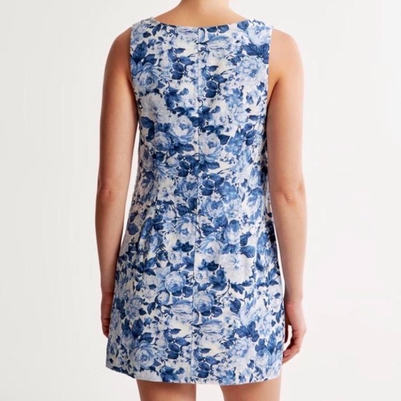 Abercrombie & Fitch Women's Blue Floral Linen Wide Strap Mini Dress Sz LP Boho - Picture 8 of 8